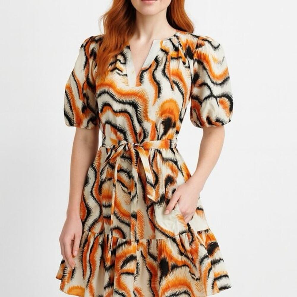 Willa Story ikat mini dress orange black and white puffy sleeves size medium